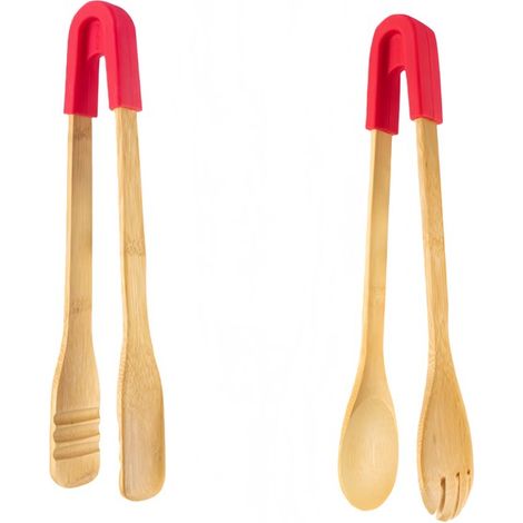 Ensemble de 2 pinces alimentaires en bambou pour cuisine et pâtisserie avec formes ronde et carrée pour saisir pain grillé bacon et tranches de pain dimensions 30 x 4 cm couleur rouge (1/5)
