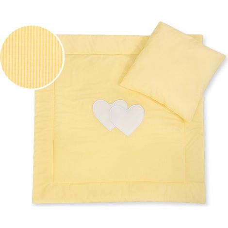 Ropa de cama para cochecito con relleno, edredón y almohada - Corazones y rayas amarillas (1/2)