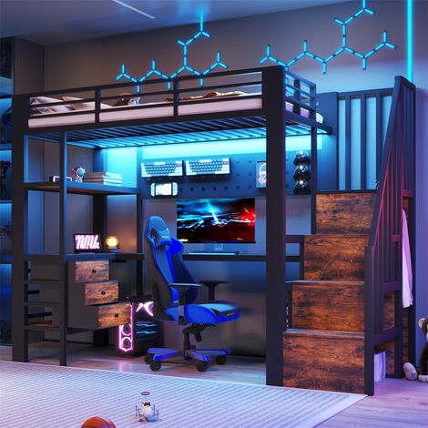 Lit Mezzanine 90x200cm - Lit Enfant en Métal avec Bureau, Escalier de Rangement, Prise USB, LED et Panneau Perforé - Noir (1/5)