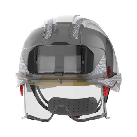 JSP – Casque de chantier ventilé avec sur-lunettes rétractables – Bandes réfléchissantes CR2 – Norme EPI EN 397 et EN 50365 – Isolation électrique 1000V