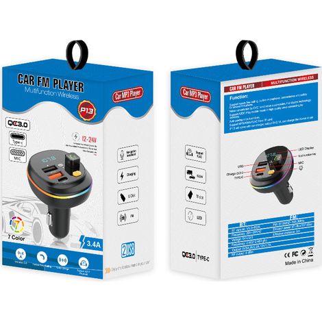 Émetteur FM P12, kit mains libres Bluetooth pour voiture, charge rapide QC3.0, lecteur MP3 pour voiture – P13 avec emballage (1/3)