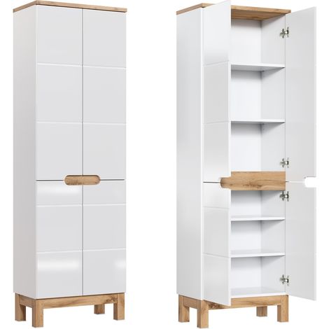 Hochschrank mit 4 Türen SOLNA-56 Hochglanz weiß mit Wotaneiche, B x H x T ca. 60 x 187 x 33cm (1/5)