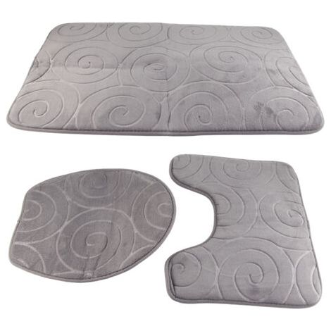 SABIR Ensemble de tapis de bain, 3 pièces, housse d'abattant de toilette en pierre gaufrée, tapis de bain absorbant latéral, gris (1/5)