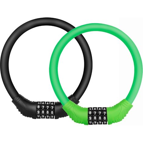 Cable antirrobo para bicicletas, cable antirrobo portátil con código numérico reiniciable de 4 dígitos, con código de acceso, apto para bicicletas de exterior (verde + negro).
