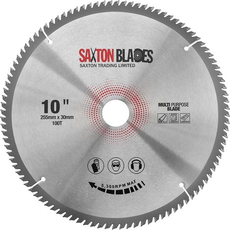 TCT255100TTCG Saxton TCT lame de scie circulaire 255 mm x 100 dents x 30 mm alésage (16, 20, 25 mm et 25,4 mm bague) aluminium stratifié bois dur (1/5)