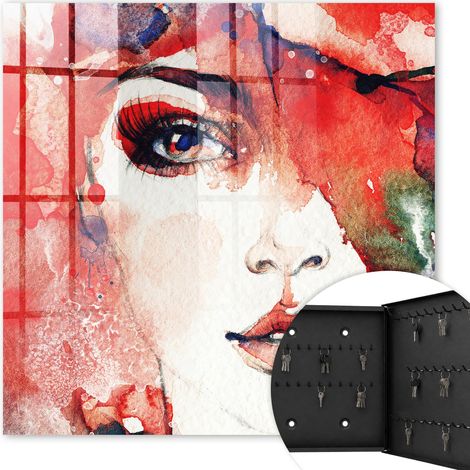 Armoire à clés - (30 cm x 30 cm) - Boîte à clés murale - Coffret de rangement pour clés - Couleur noire - Ouverture vers la droite - Pour maison et bureau - Portrait d'une femme