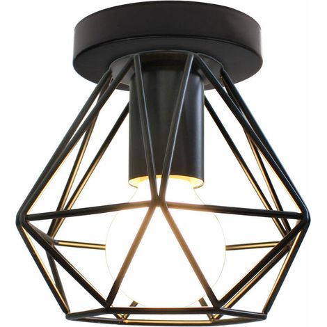 – Plafonnier industriel cage métal diamant – Lustre noir E27 – Abat-jour 16x15cm – Pour salon et couloir – Installation rapide (1/5)