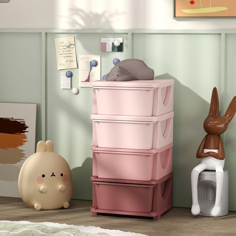 Cajas de almacenamiento infantiles, 4 cajones, bordes redondeados, diseño en relieve, 37x37x76 cm, rosa (1/5)