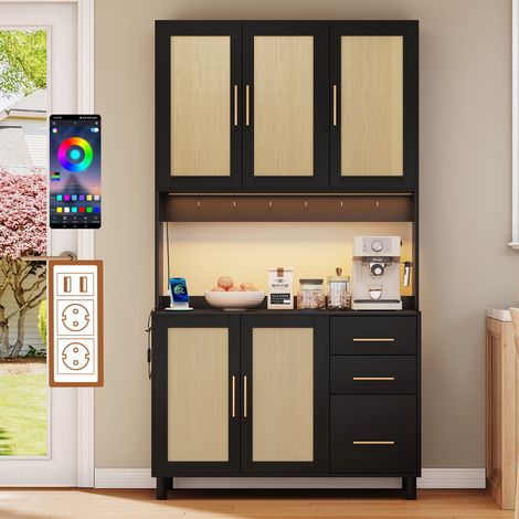 Credenza da cucina 100 x 40 x 183 cm con LED, 2 prese, 2 USB, 3 cassetti, nera HAVRYA (1/5)