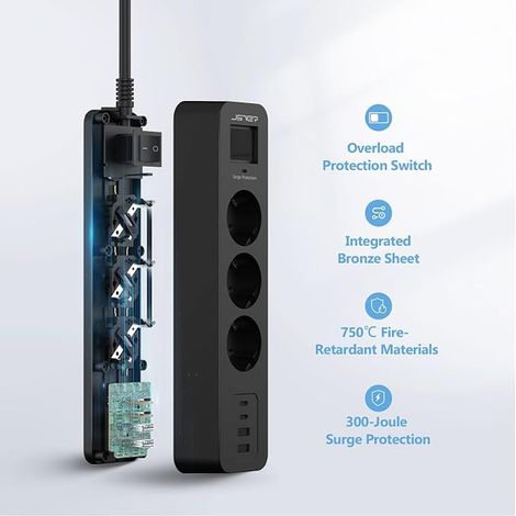 Surge Arrester and Surge, 4M USB Power Strip with 3 AC Outputs and 4 USB Ports (2 Typ C), 3680W Power Adapter with Switch, Mult Socket for Office and Home - Black (1/4)