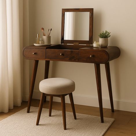 AS EASY Solid Wood Chestnut Mirror Dressing Table, This design includes three drawers, offering generous organization for clothing, accessories, or office supplies., Dark Brown