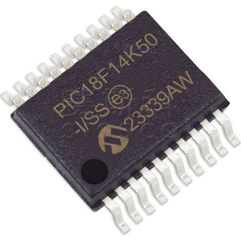 PIC18F14K50-I/SS and PIC18F24K22-I/SO electronic component chips, 5 units each.