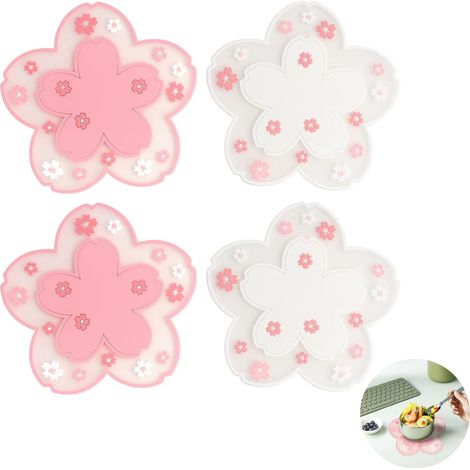 Set of 4 Sakura PVC Coasters, Non-Slip and Washable Table Mats, Cherry Blossom Pattern, for Thermal Insulation of Wine Glasses, Tea Cups, Tableware (2 Pink + 2 White) (1/5)