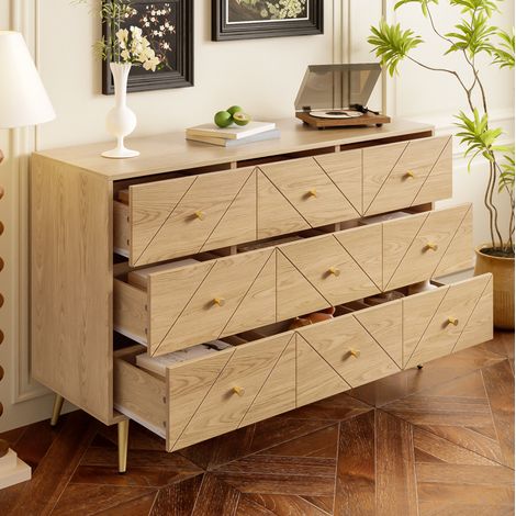 Commode 9 tiroirs 120 x 39 x 80 cm en panneau de particules avec pieds en fer, coloris bois HAVRYA (1/5)