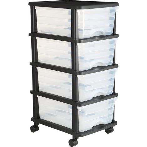 Caisson de rangement 4 tiroirs plastique transparent avec roues, commode pour bureau, chambre et salle de jeux (1/5)