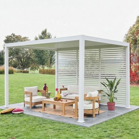 Pergola bioclimatique Triomphe 3x4 + 3 persiennes 130cm pour le côté de 4m. panneau brise vue. L 400 x P 300 x H 250 cm