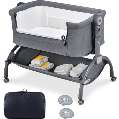 Berceau cododo gris avec 7 hauteurs réglables, côtés en maille, inclinaison et panier de rangement pour chambre et voyage