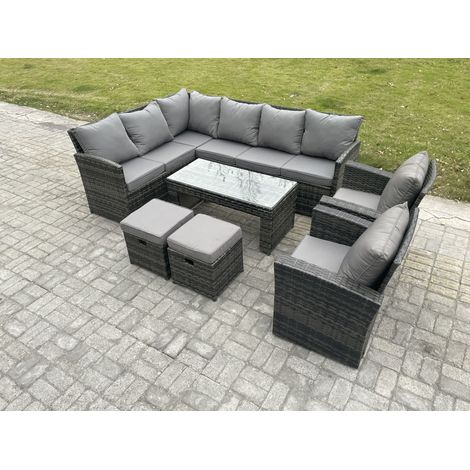 Fimous Rattan Garden Furniture Sets High Back Corner Sofa Oblong Coffee Table Set with 2 Small Footstool 2 Armchairs Dark Grey Mixed (1/5)
