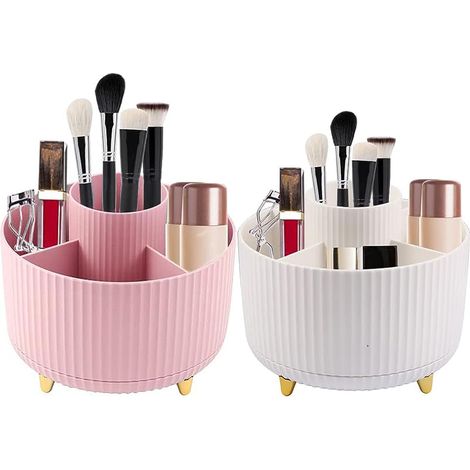 2 Pièces Organiseur de Bureau Rotatif à 360 degrés, Organisateur de Maquillage Cosmétique, Organisateur de Rangement Multifonction Porte-crayon de Bureau avec 5 Compartiments, Blanc + Rose (1/5)