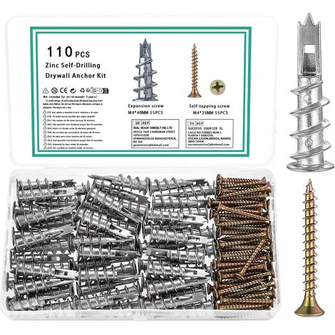 110 Chevilles M4 Métal Vis Autoforeuse Fixations Plaques Plâtre Cavités Béton Briques (1/5)