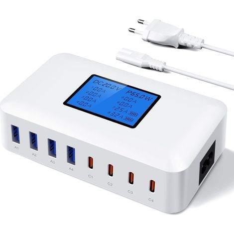 8-Port 200W GaN USB-C Ladegerät, Schnellladegerät mit LED-Anzeige und 65W USB-Ladestation, kompatibel mit MacBook, iPad Pro, Air, iPhone 16, 15, 14, Galaxy, S24 (1/5)