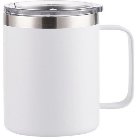 Gobelet à café en acier inoxydable avec poignée, tasse isotherme à double paroi à fond plat avec couvercle, idéal pour les déplacements (blanc, 1 pièce) (1/4)