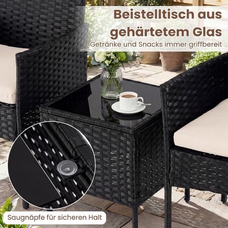 Salon de jardin beige 3 pièces en rotin PE avec 2 fauteuils et table à plateau en verre trempé pour balcon terrasse et jardin (1/5)