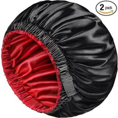 Lot de 2 bonnets en satin pour homme et femme, réversible, double couche, en soie, pour tresses de cheveux bouclés, avec bande élastique élargie (XL, noir/rouge) (1/4)