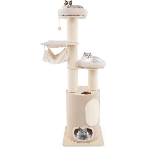COSTWAY Árbol para Gatos de Altura 187 cm, Rascador para Gatos de Madera con 2 Plataformas, 1 Cueva, 1 Hamaca, Postes Rascadores de Sisal y Cojines Lavables, Torre para Gatos, Natural (1/5)