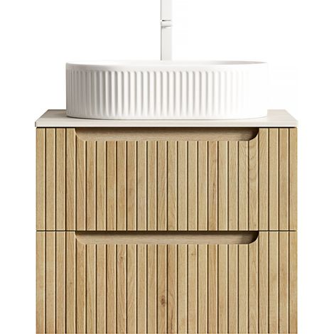 Meuble vasque suspendu 60 cm avec lavabo ovale en céramique et plateau en pierre frittée, 2 tiroirs soft-close, meuble salle de bain préassemblé CHICFURN (1/5)