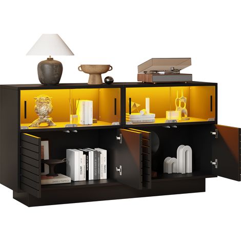 Sideboard mit 4 Glasschiebetüren und LED, Industriell Modern, aus Spanplatte, 130×35×68 cm, Schwarz (1/5)