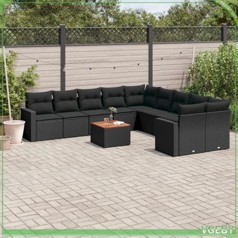Salon de jardin 11 pcs - FAF7291712422348 - Résine tressée noir - Table acacia - Rangement sous assise, coussins déhoussables (1/5)
