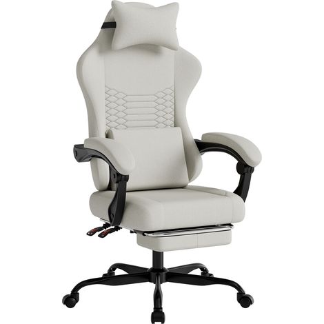 Chaise de bureau gaming en tissu, chaise gaming de massage avec appui-tête, siège gaming ergonomique de course avec repose-pieds (blanc)