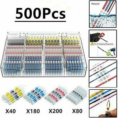 500 pezzi di terminali elettrici a saldare con guaina termorestringente, connettori elettrici impermeabili isolati testa a testa Maidodo per applicazioni marine e automobilistiche in rame. (1/4)