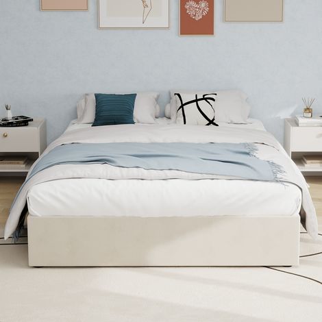 Cadre de lit minimaliste moderne, 160200 cm, beige, en velours hollandais, équipé de vérins à gaz, mobilier de chambre de style moderne, tête de lit et matelas non inclus.
