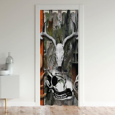 Vache Crâne Rideau de Porte 150x203cm Déguisement Ferme Style Botanique Branches Rideau Occultant Rideaux Géométrie Lignes de Diagramme à Barres Gris Rideaux Exterieur d'entrée - 150L X 203H cm (1 Pan (1/5)