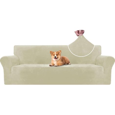 Samt Sofa Überzug 4 Sitzer, elastisch, rutschfest, haustierfreundlich, beige (1/5)