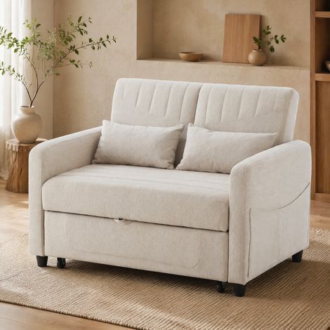 Divano Letto a 2 Posti con letto estraibile e schienale regolabile a 3 posizioni, in misto cotone e lino beige (1/5)