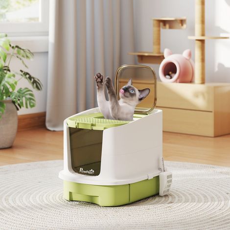 Geschlossene Katzentoilette mit Vordereingang, Ausgang oben, herausnehmbarer Schale und Schaufel, 40,5 x 52,5 x 42,5 cm, Weiß und Grün
