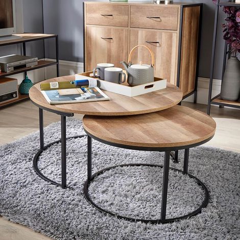 Round Nest of 2 Coffee Tables Stackable Side Tables Unit Oak Effect Finish (1/5)
