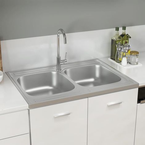 Évier de cuisine à double lavabo-Lavabo cuisine argenté 800x600x155 mm inox (1/5)