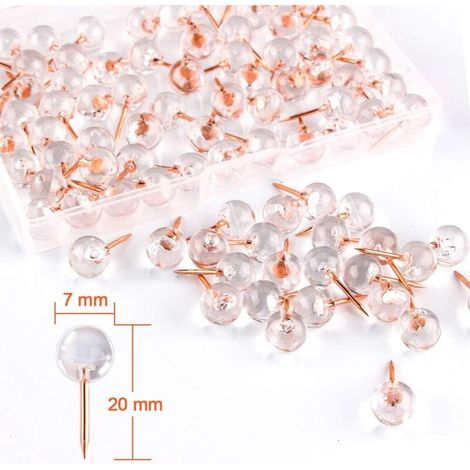 Chinchetas para mapas de oro rosa de 1/3 de pulgada, 100 puntos, tamaño grande, punta de acero color oro rosa y cabeza redonda de plástico transparente (oro rosa).
