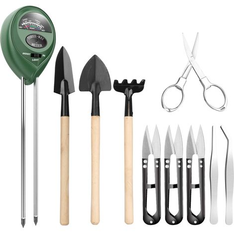 Compteur de sol 12 en 1 (capteur d'humidité 3 en 1/lumière du soleil/pH, 9 outils pour bonsaï) comprend un sécateur, des ciseaux pliants, un mini râteau, un ensemble de taille-bourgeons et de feuilles (1/5)