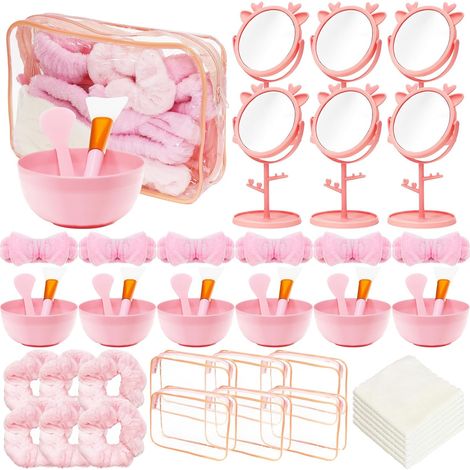 Lot de 6 Kits Spa Rose, 48 Accessoires Beauté pour Soirée Pyjama Fille 6 Trousses, 6 Bols, 6 Pinceaux, 6 Spatules, 6 Miroirs, 6 Bandeaux, 6 Chouchous et 6 Serviettes pour Anniversaires et Cadeaux (1/5)
