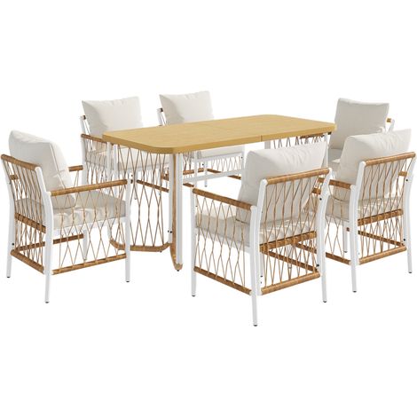 Set da giardino con tavolo e 6 sedie in ferro e rattan sintetico, cuscini beige HOMVRA (1/5)