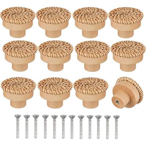 SHINING HOUSE 12 pomos redondos de ratán de estilo bohemio para tocador, tiradores hechos a mano con tornillos para muebles de madera, cajones y armarios (1/5)