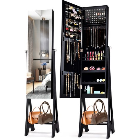 Mobile portagioielli indipendente 36 x 33,5 x 154,5 cm con specchio regolabile e 12 LED elegante MDF nero 200010375