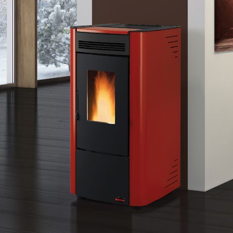 Poêle à granulés ventilé 7,4 kW – Pour volume jusqu'à 186 m³ – Sortie de fumée 8 cm – Habillage acier bordeaux – Installation sécurisée