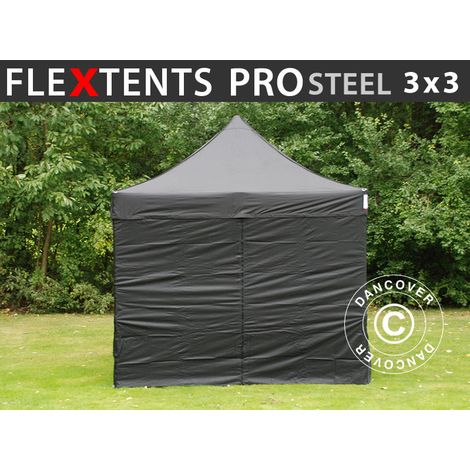 Pop up gazebo FleXtents PRO Steel 3x3 m Black, incl. 4 sidewalls