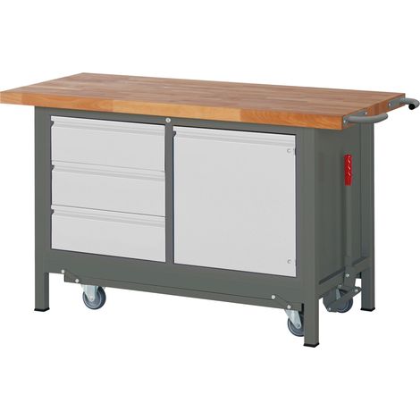 STIER Werkbank Premium mit abs. Fahrgestell, 3 Schubladen und 1 Flügeltür BxTxH 1500x700x880 mm (1/4)